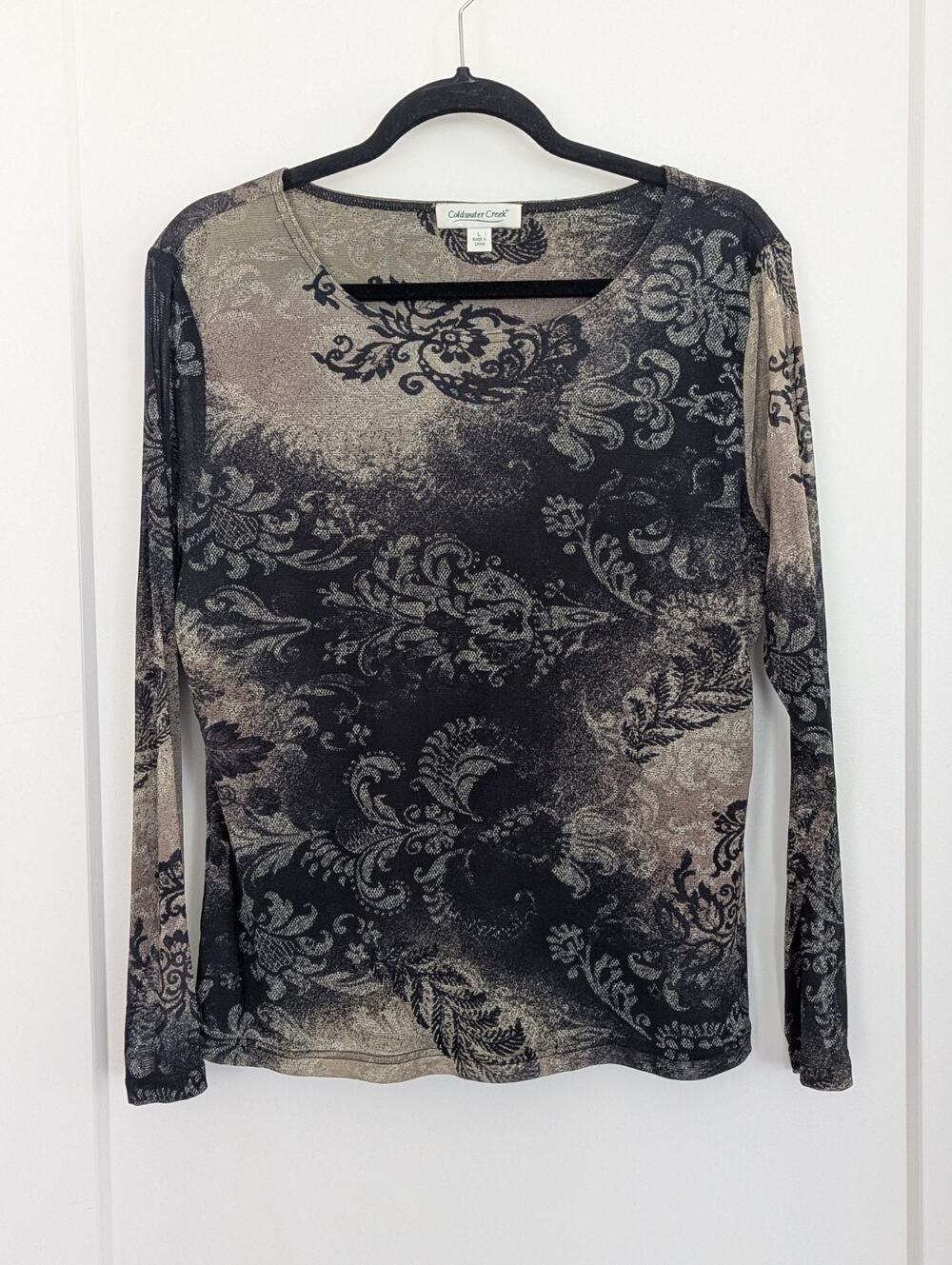 Coldwater Creek Mesh Top Large Damask Floral Sheer Sleeve Lined Grunge Y2K Grey